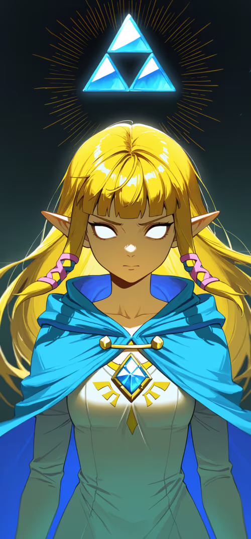 An anime-style illustration of Princess Zelda with glowing blue eyes, wearing a blue...