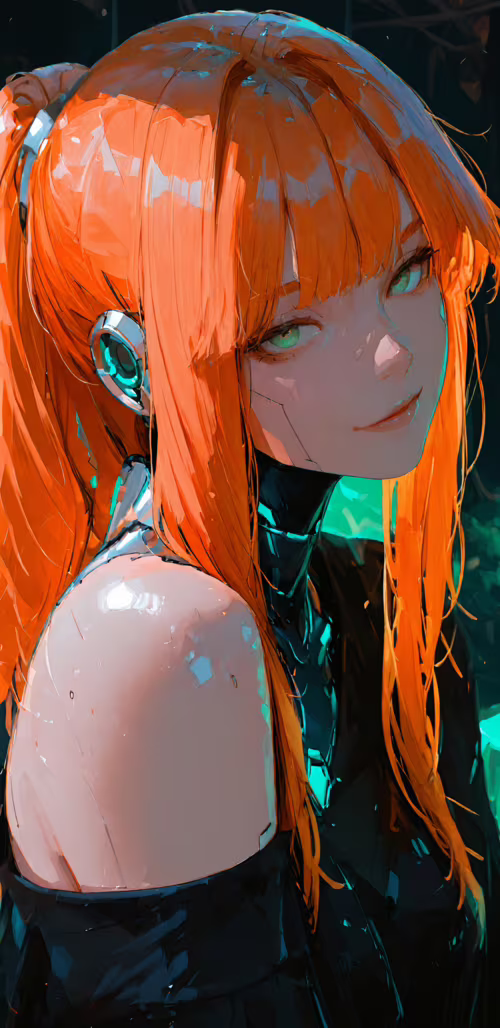 A close-up illustration of a beautiful cyborg woman with long, bright orange hair...