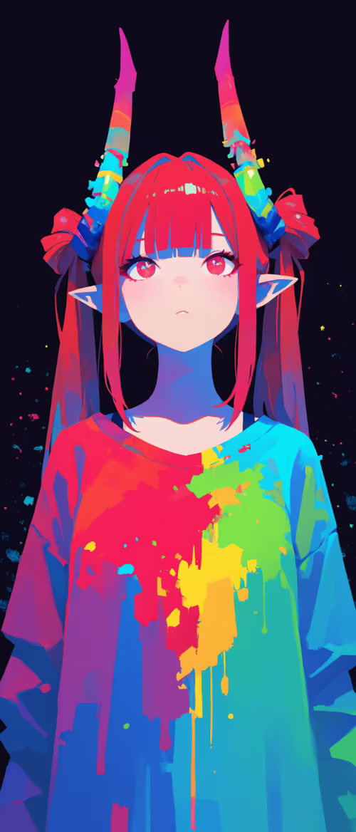 An anime-style illustration of a girl with long red hair, pointed ears, and colorful...