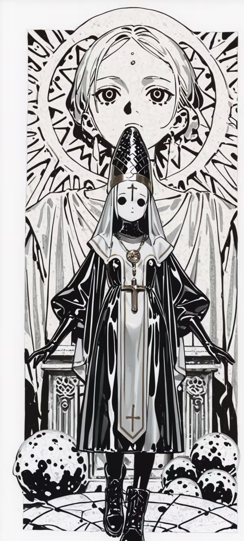 A full-body, black and white manga-style illustration of a figure with glossy black...