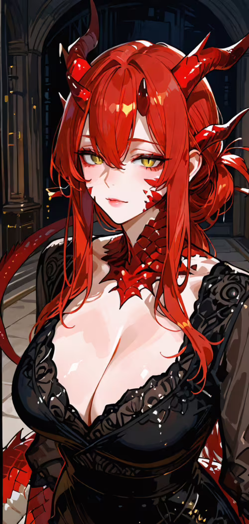 A close-up portrait of an anime-style woman with long red hair, prominent red dragon... Cubot Max 2 download free wallpaper for phone