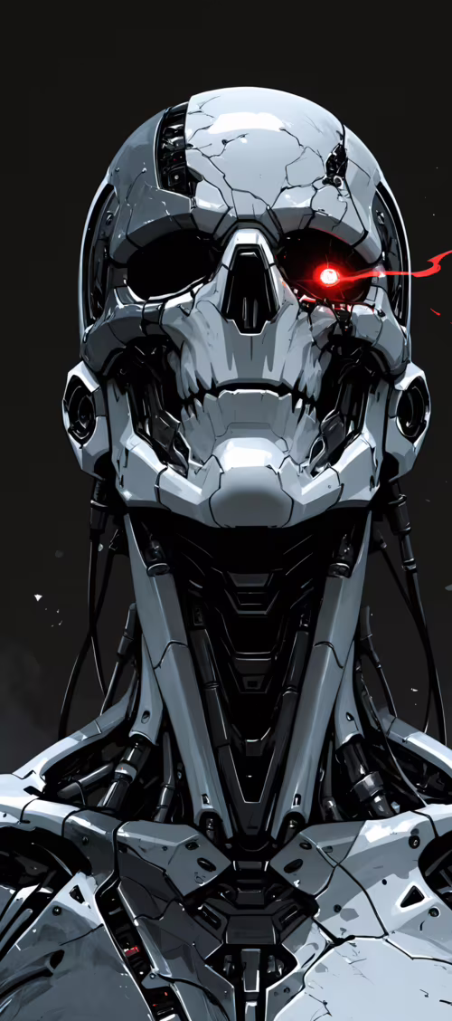 Front-facing portrait of a white robotic skeleton with glowing red eyes and a damaged... Infinix Zero 40