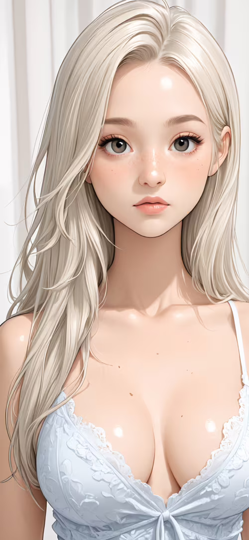 A close-up digital illustration of a young woman with long platinum blonde hair,...