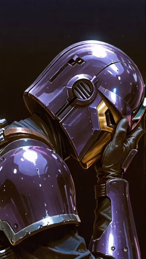 A side-profile illustration of a figure in shiny purple and gold Mandalorian armor.... Sony Xperia E3 wallpaper download