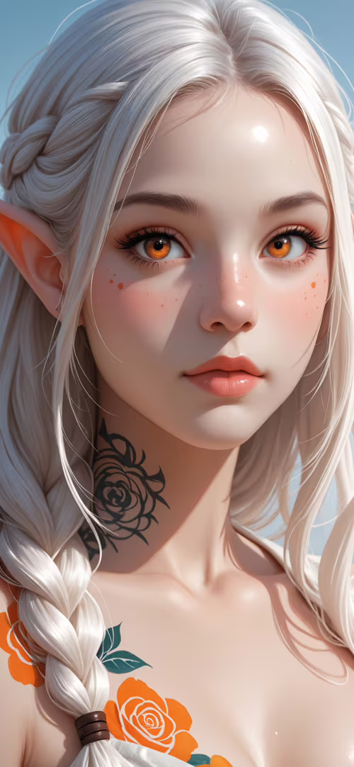 A close-up portrait of a young female elf with long, braided white hair, pointed...