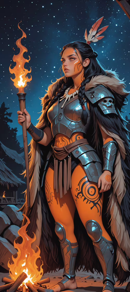 A full-body illustration of a female fantasy shaman in armor and a fur cloak, holding... Honor Magic7 Lite