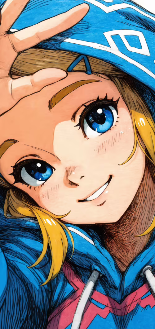 A close-up color sketch of Princess Zelda with blonde hair and bright blue eyes,...