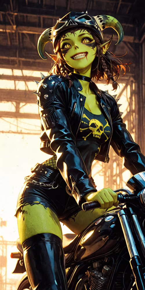 A digital illustration of Lae'zel from Baldur's Gate 3 as a punk biker. She has yellow... Cubot Note 7 hand phone wallpaper