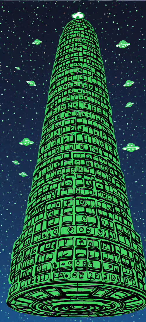 A large, green cartoon flying saucer with glowing yellow lights and an antenna, set... Huawei Mate 40 high definition wallpaper