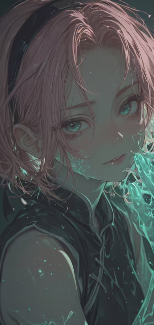 An artistic portrait of Sakura Haruno from Naruto with pink hair and glowing green... Cubot Max 2 wallpaper photo gallery download