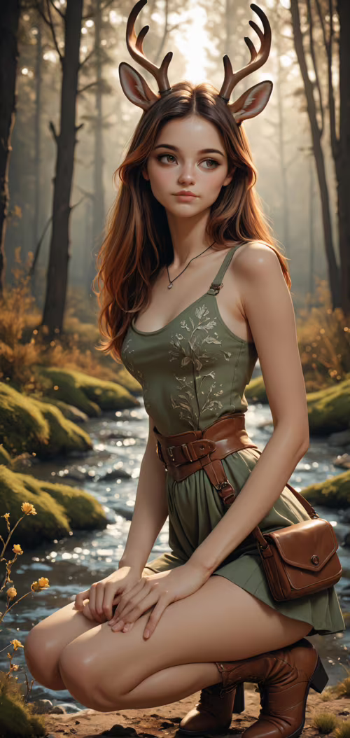 A young woman with brown hair and deer antlers crouches by a stream in a lush forest....