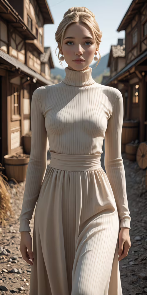 A beautiful young woman with blonde hair in an updo and blue eyes, wearing a cream... LG V30