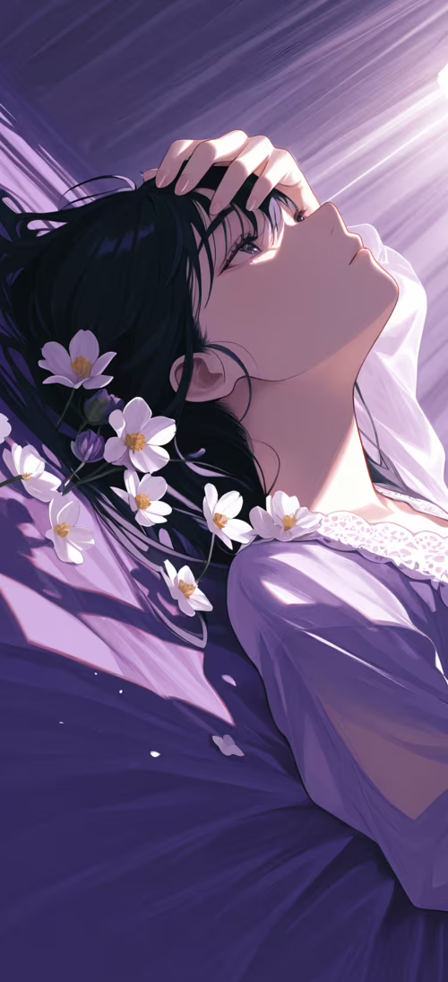 An anime-style illustration of a woman with long black hair lying on her back in... Honor Magic6 Pro download free wallpaper for phone