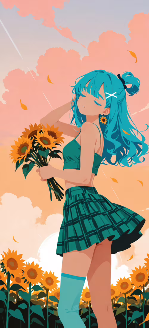 An anime-style illustration of a girl with light blue hair in a green crop top and...