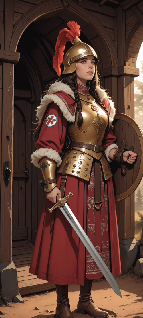 A full-length illustration of a female warrior in golden armor and a red tunic, holding... Honor 200 pictures for wallpaper