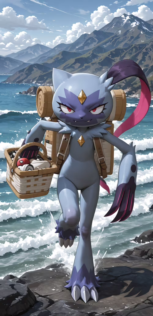 The Pokémon Sneasler, a slender purple creature with large claws, walks along a seaside... Samsung Galaxy S9 plus