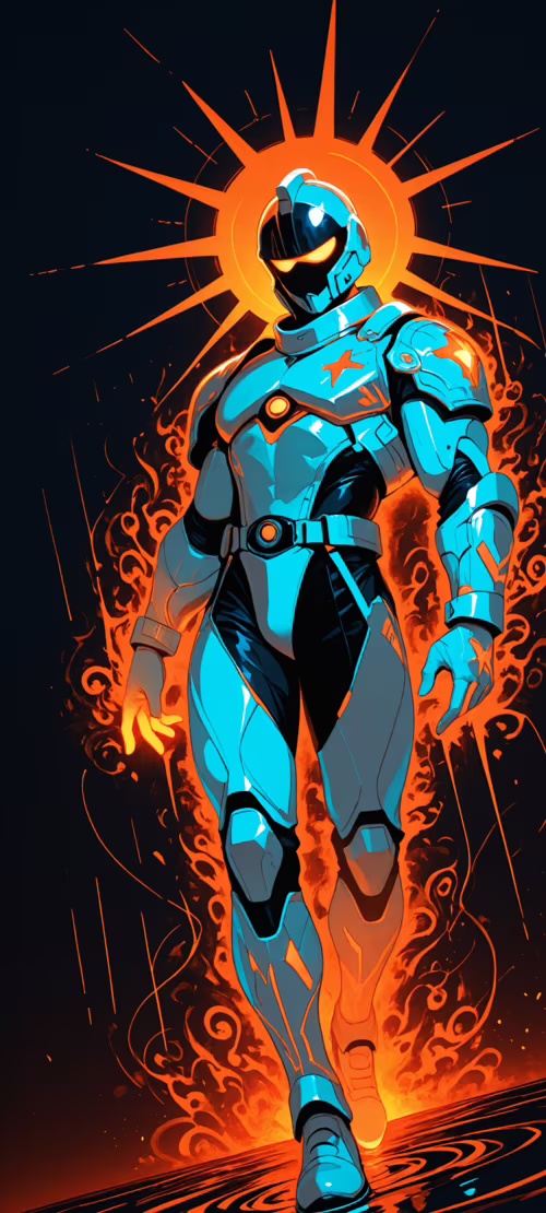 A giant, muscular figure in black and orange futuristic armor with a sunburst halo... Honor 200 cell phone backgrounds free