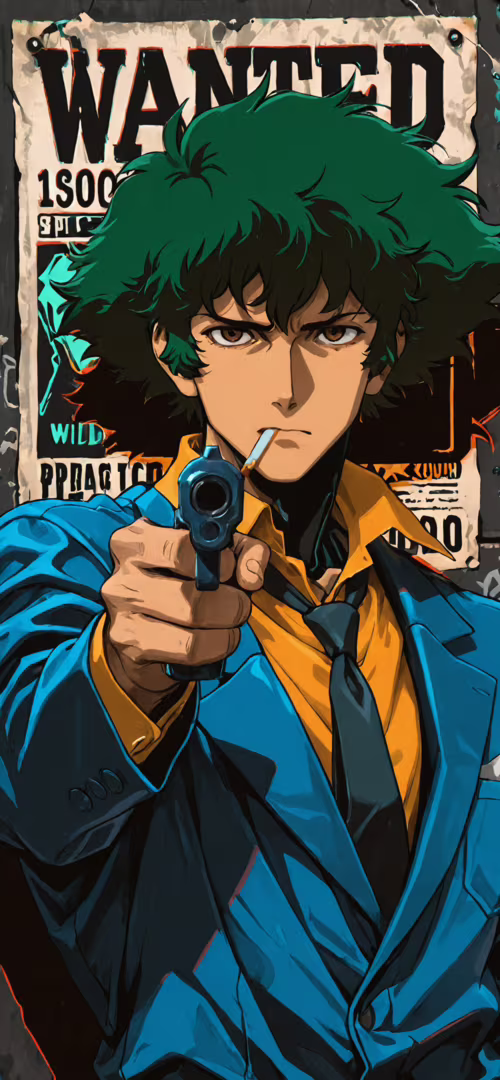 Spike Spiegel from Cowboy Bebop pointing a gun forward with a serious expression... Apple iPhone 11 background images hd