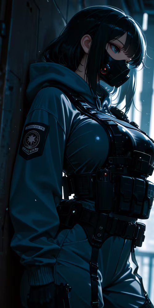 An anime-style female soldier in black tactical gear, including a mask and body armor,... Honor 7A high definition wallpaper