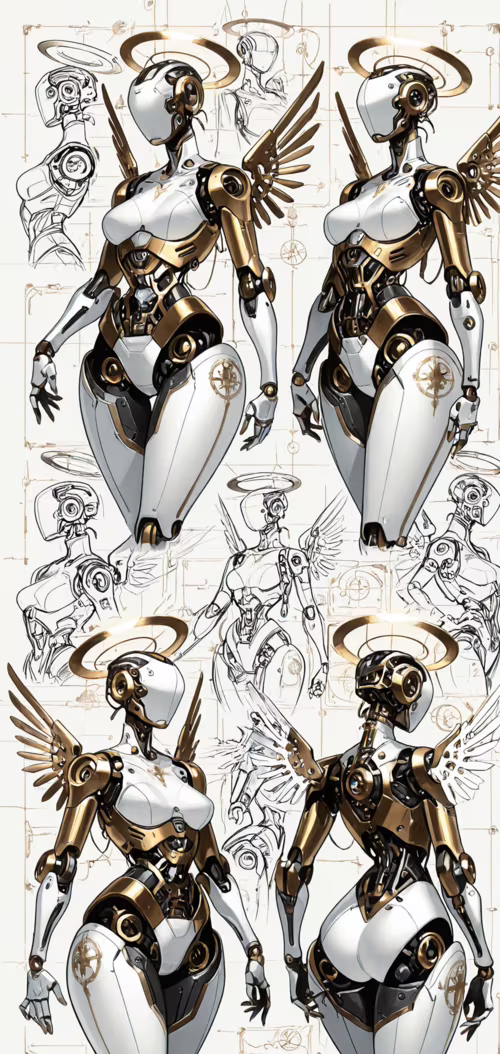 A concept art sheet showing four different views of a white and gold female robot... Doogee N10 wallpaper images