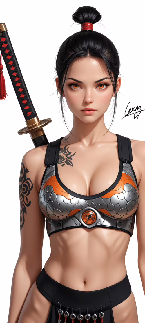 A front-facing portrait of a young female warrior with black hair in a topknot and... realme 7 wallpaper