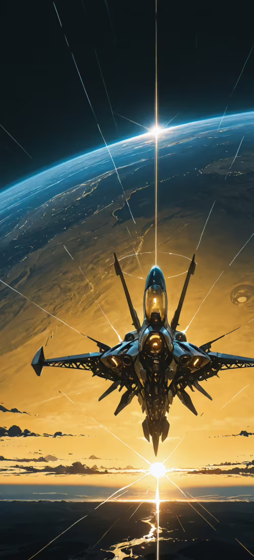 A futuristic, golden metallic fighter jet-style spaceship flies high above a planet's... Huawei P40 Pro plus pictures for wallpaper