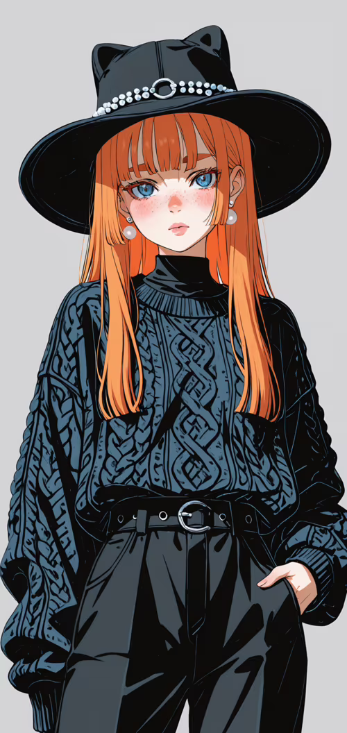 An anime-style illustration of a girl with long orange hair and blue eyes, wearing...