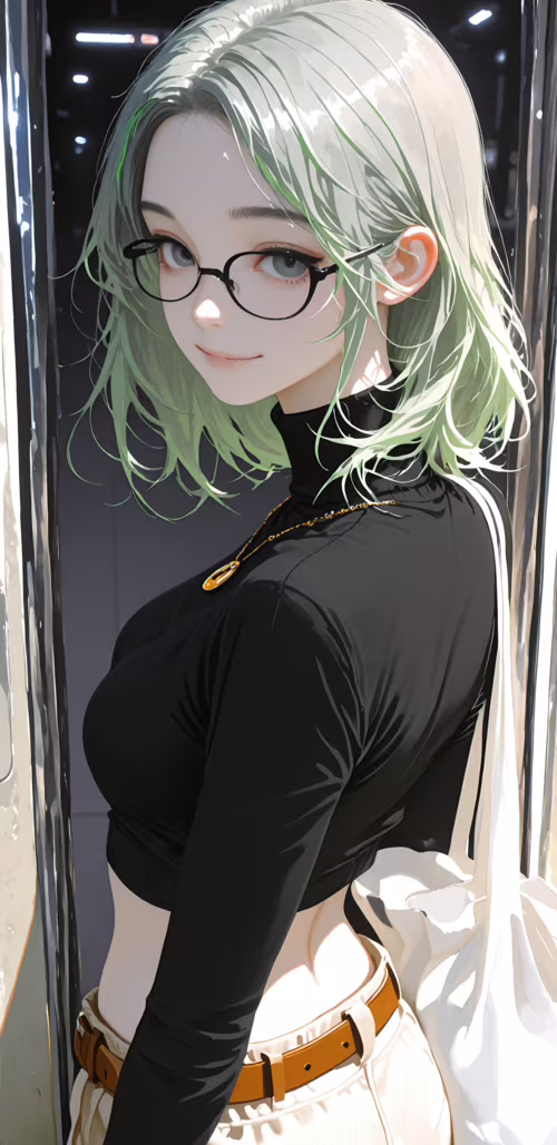 An anime-style illustration of a young woman with short silver hair and gray eyes,...