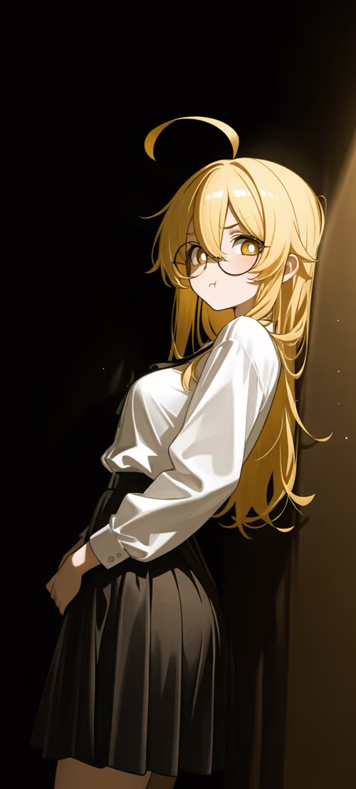 An anime girl with long blonde hair and round glasses leans against a wall in a dark...