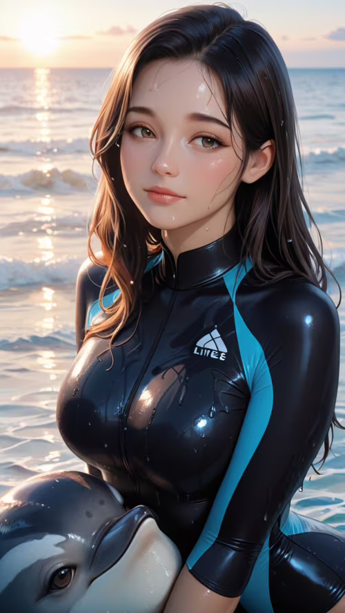 A woman in a black and blue wetsuit lies on a beach, hugging a dolphin in the shallow... Vodafone Smart E8 free background