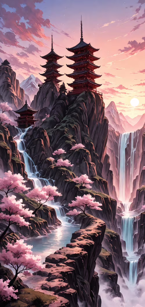 A vertical digital painting of a deep canyon with traditional Asian pagodas on the... realme 3 free wallpaper