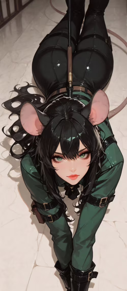 A female anime character with black hair, green eyes, large mouse ears, and a long...