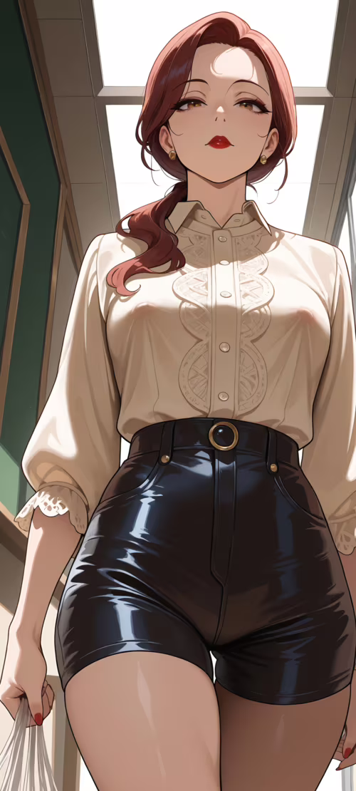 A low-angle view of a woman with red hair in a classroom. She is wearing a beige...