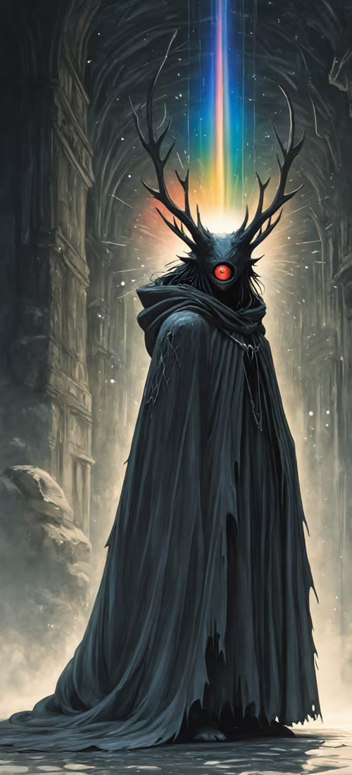 A tall, mysterious figure in a dark, hooded cloak with large antlers stands before... Huawei Mate 40 free background images