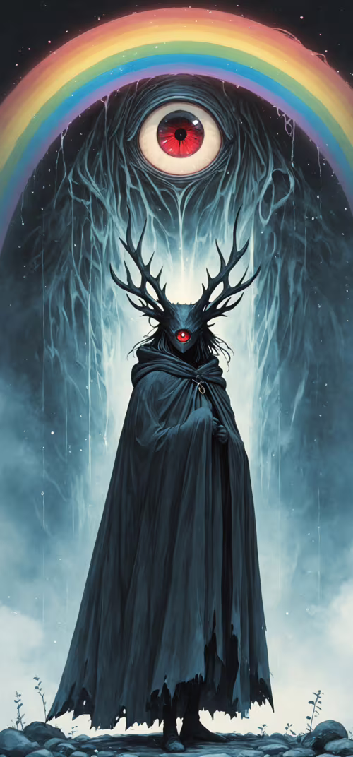 A tall, mysterious figure in a dark, hooded cloak with large antlers stands before...
