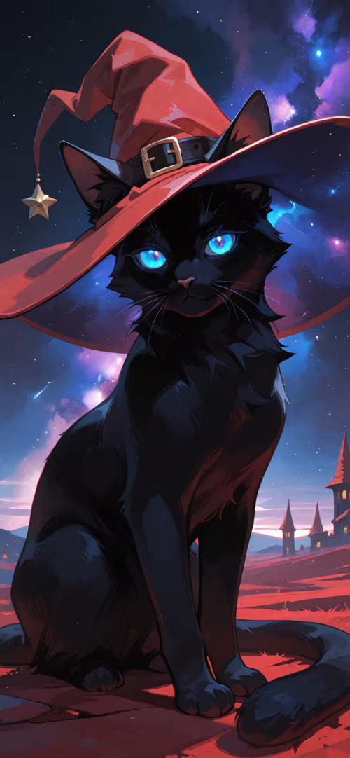 A digital illustration of a sleek black cat with glowing blue eyes wearing a large... Honor 70 Pro plus download free wallpaper for phone
