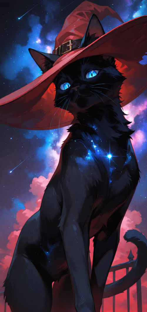 A digital illustration of a sleek black cat with glowing blue eyes wearing a large... Nokia 7 dot 2 free background images