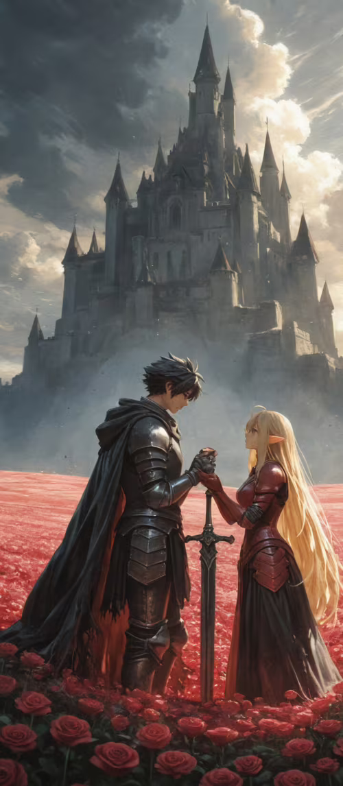 A fantasy illustration of a tall, black-haired male knight in dark armor holding...