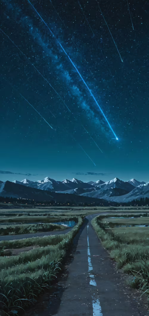 An illustration from the anime 'Your Name.' depicting a vibrant meteor shower and...