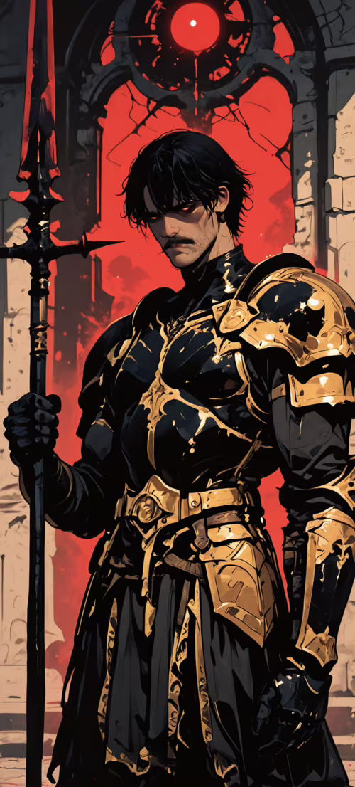 A muscular dark-haired warrior with a mustache and glowing red eyes, wearing elaborate...