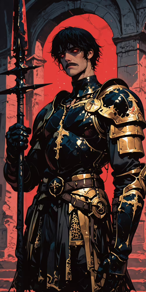 A muscular dark-haired warrior with a mustache and glowing red eyes, wearing elaborate...