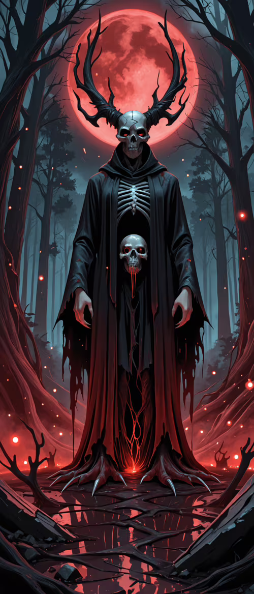 A skeletal figure in a black hooded robe sits on a dark throne in a spooky forest,... ZTE nubia Flip 5G high definition wallpaper
