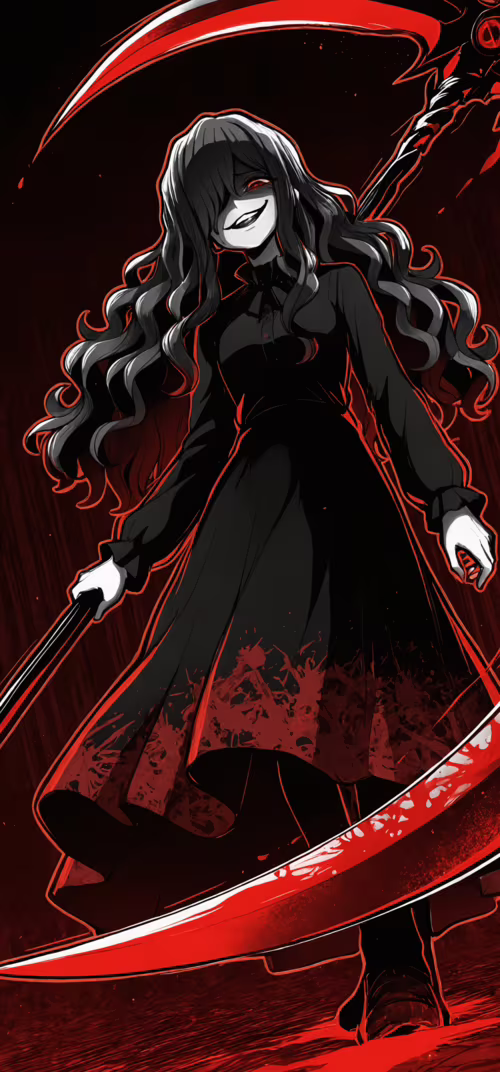 A full-body illustration of a menacing anime-style woman in a black dress, holding...