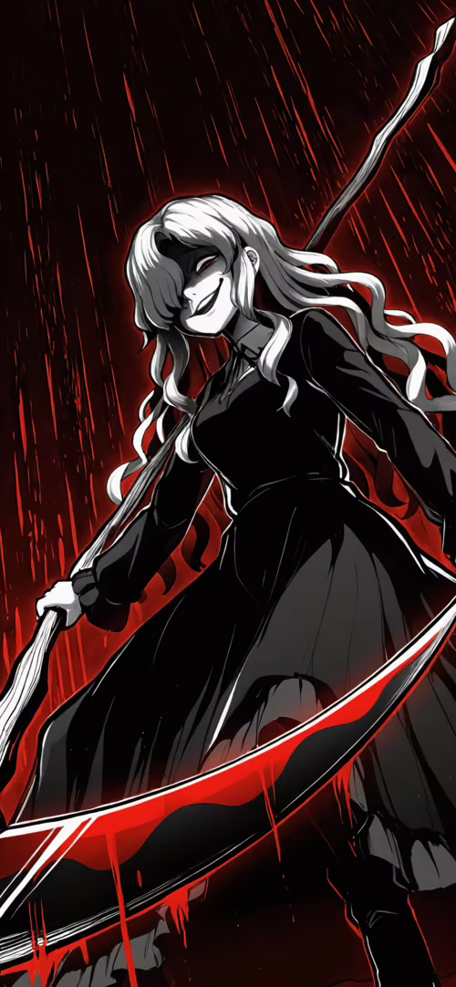 A full-body illustration of a menacing anime-style woman in a black dress, holding... Honor 50 Pro hd background