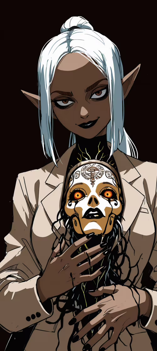 A sinister-looking elf woman with white hair and a white suit holds a grotesque,... Redmi Note 13 Pro plus wallpapers for android