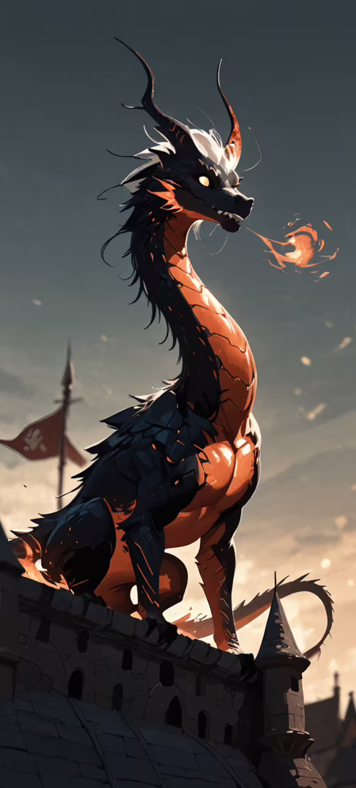 A large, serpentine dragon, glowing with fire and flames, perches majestically on...