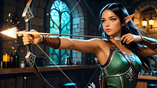 A beautiful female elf with long black hair, pointy ears, and green eyes, aiming... 4K (Ultra HD) wallpaper photo gallery download