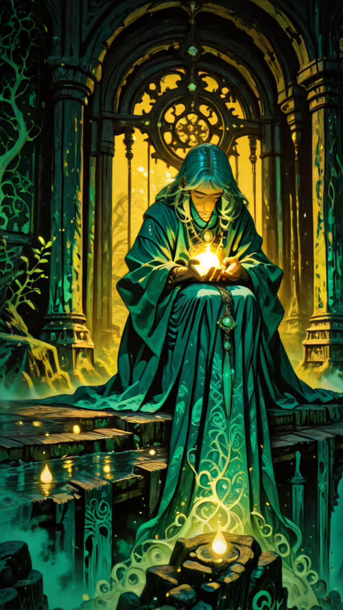 A full-length digital illustration of a wise old sage with white hair in green robes,... Vodafone Smart E8