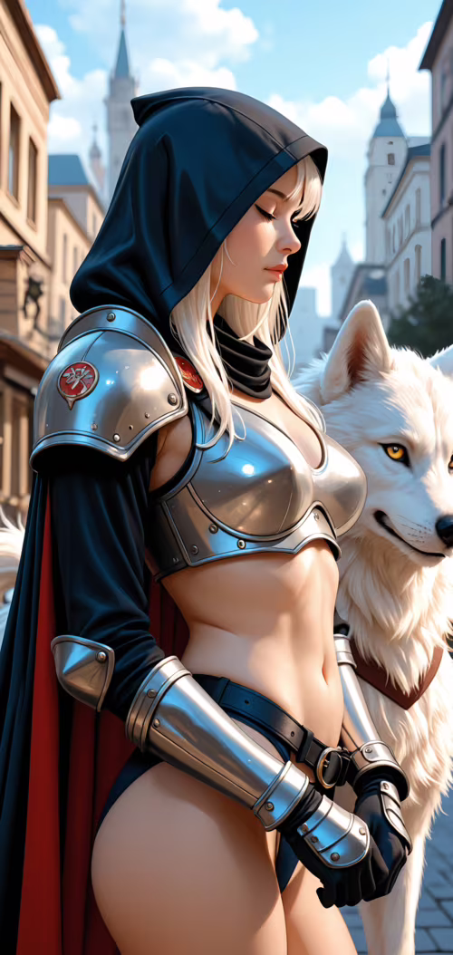 A young woman with white hair in a black hood and silver armor stands with her eyes...