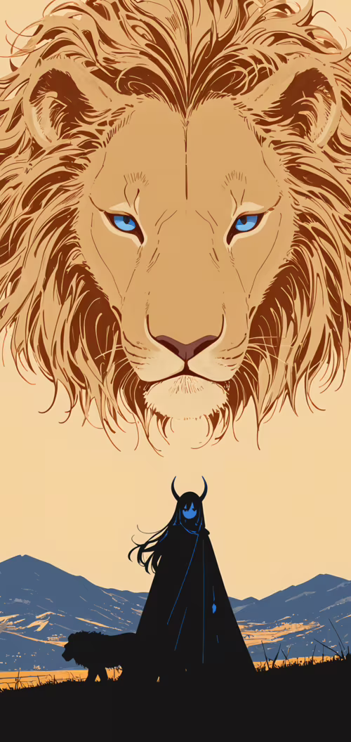 A fantasy illustration of a horned girl in a cape standing with a large black horned... Doogee N20 lock screen wallpaper